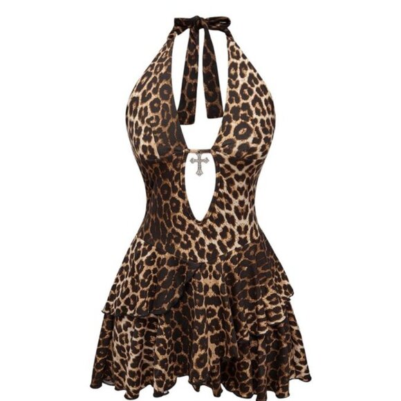 ROMWE Dresses & Skirts - Y2K Goth Sexy Halter Cross Ruffle Hem Leopard Print Mini Dress Size: Medium